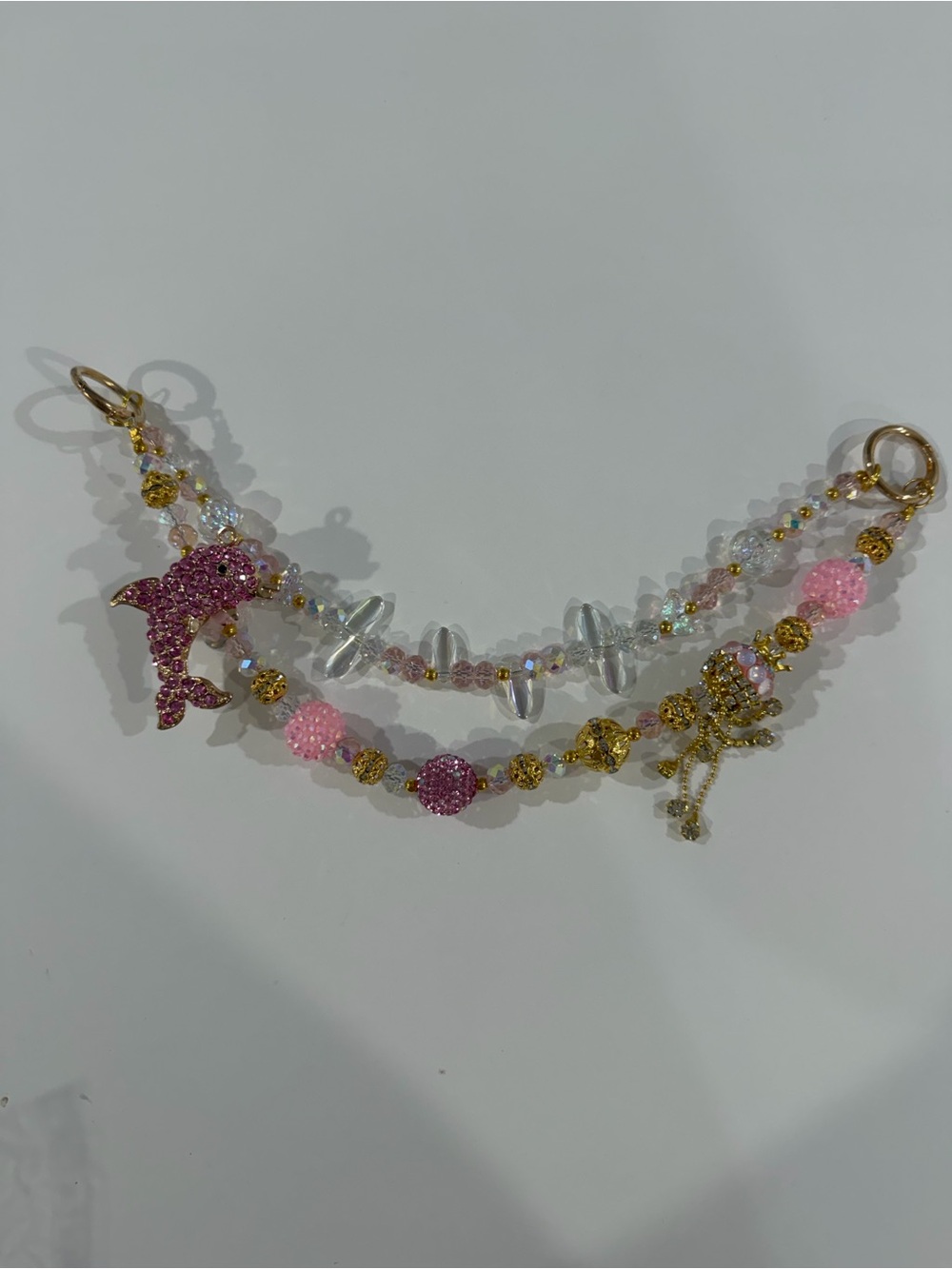 Pink Crystal Dolphin Beaded Purse Charm Bag Chain Gold Tone